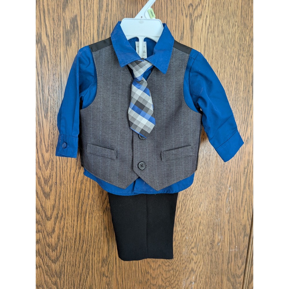 George Baby Boys 4 Piece Formal Suit Set Blue Shirt Grey Vest Tie Pants 0-3M